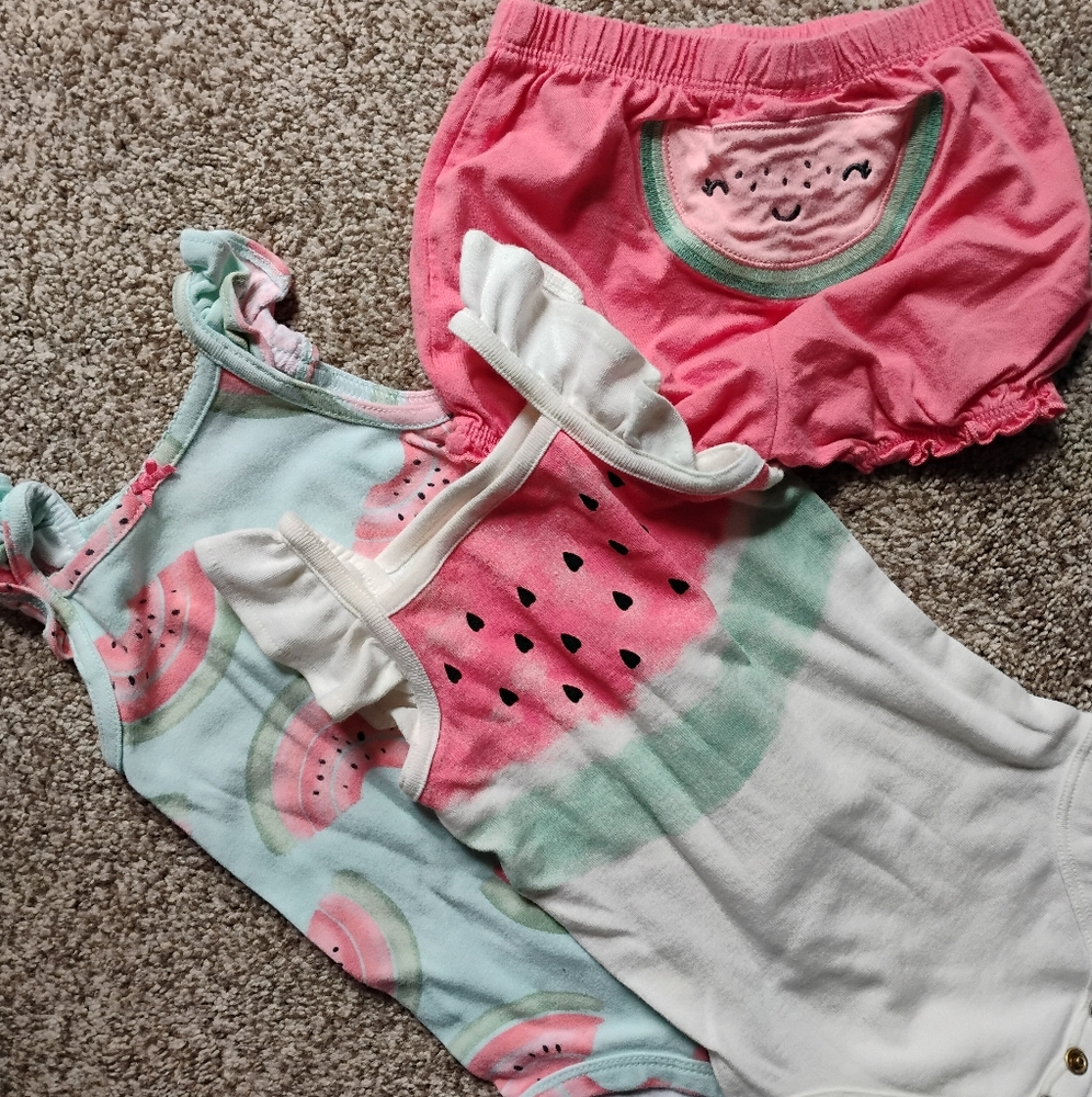 3 Piece Mix & Match Watermelon Ruffle Tank Onesie & Bloomer Set | 9 Months